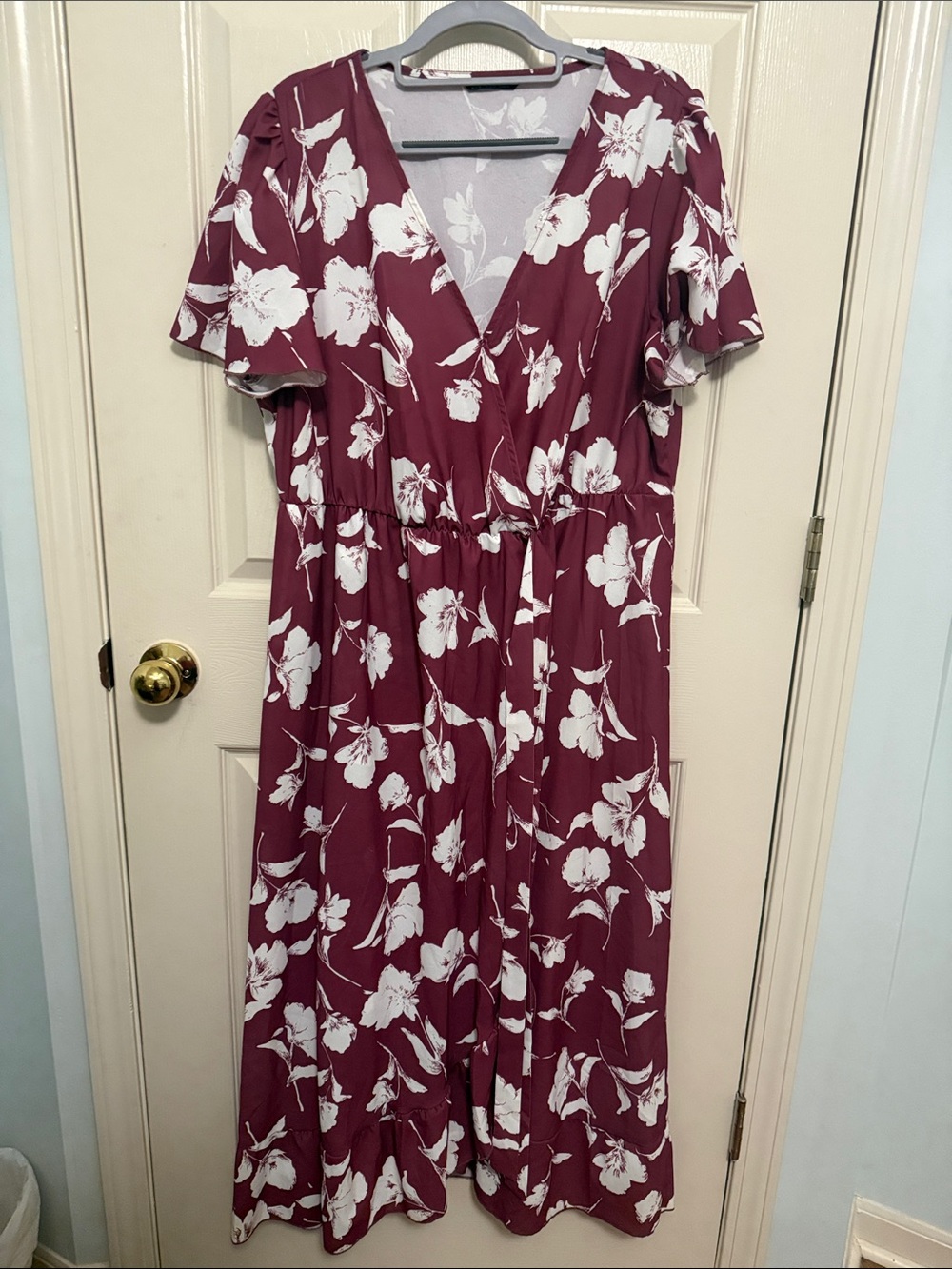 BloomChic Burgundy and White Floral Wrap-Style Maxi Dress